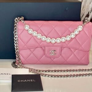 CHANEL Quilted Pink Wallet on Chain with removable pearl accent